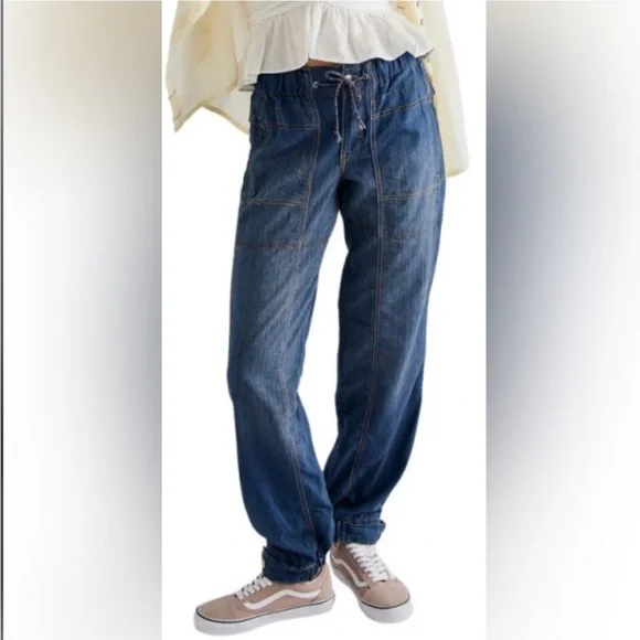 FREE PEOPLE MEDUIM ANGELO TIE WAIST JEANS LOW RISE SLOUCHY CARGO PULL-ON DENIM - Picture 4 of 8
